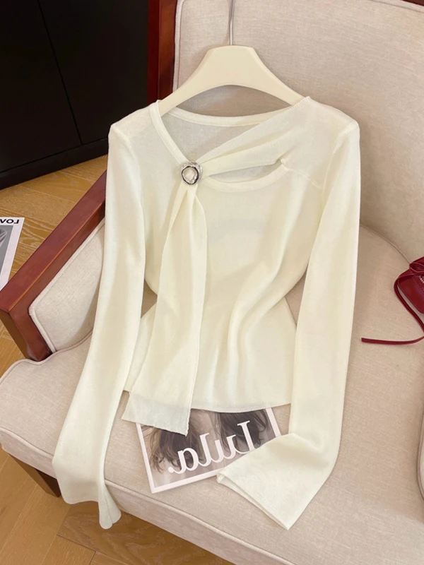 

Ele Long Sve T-irt Knitted Sweater with Sa Gentle Sle Spring Summer Korean Version Casual Cotton Ladies Top