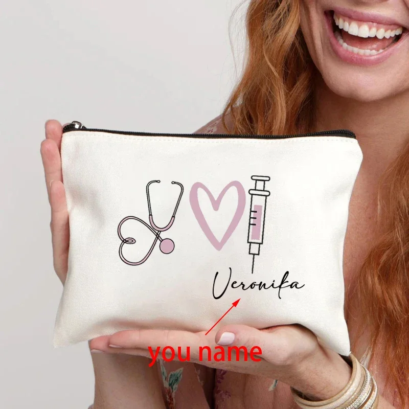 Letters Bag Customizable Nurse Pouch Stethoscope Syringe Heart Print Cosmetic Bag Custom Name Makeup Reusable Travel Bag