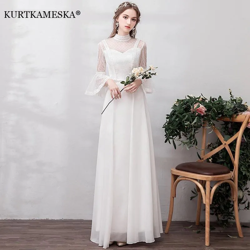 White Wedding Dress Korea O-Neck Evening Gown For Bride A-Line Lace Evening Dresses Three-quarter Sleeve Wedding Ceremony Dress