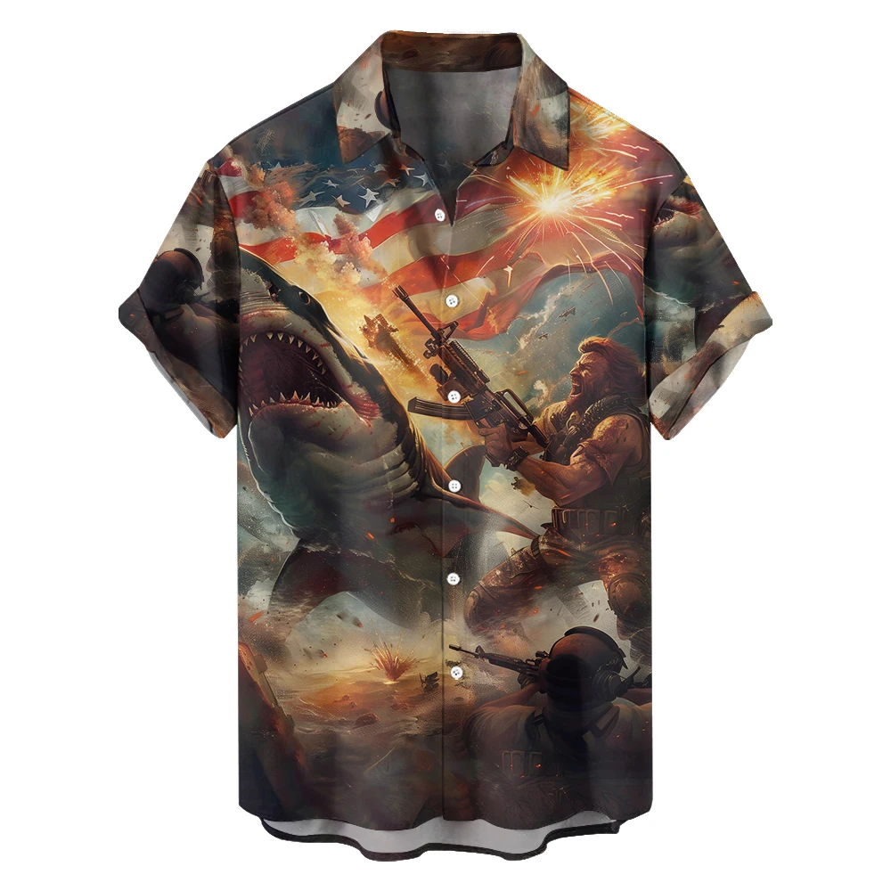 Camisas hawaianas de manga corta para hombre, ropa informal con estampado de la bandera americana GI Shark Battlefield, talla grande, novedad de 2024