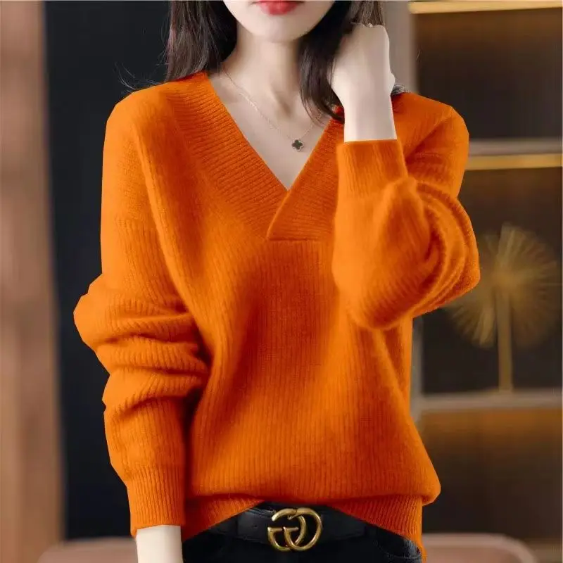 New Autumn and Winter Women Trendy V Neck Long Sleeve Soft Basic Knitted Sweater Female Solid Loose Pullover Tops Casual Jumpers