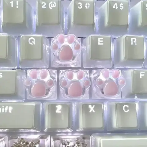 1/4 Pcs Cute Translucent Cat Paw Keycap Resin Pink Blue Mechanical Keyboard Key Cap Cross Axis Cartoon ESC WASD Keycaps