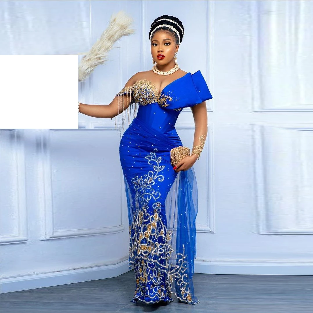 Aso Ebi Evening Dresses Royal Blue Major Bead Prom Gowns Tulle Tassels Formal Dress One Shoulder Long Sleeve vestidos de noche