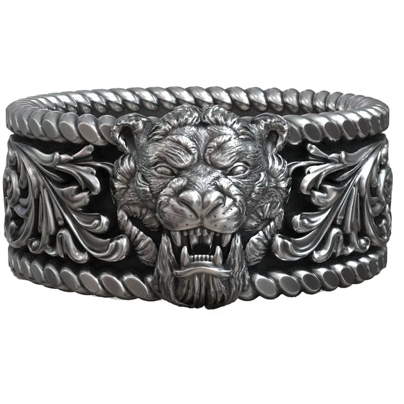 

12g Tiger Head Engraved Pattern Wild Band Punk Mens Rings Real Customized 925 Solid Sterling Silver Rings Many Sizes 5-13