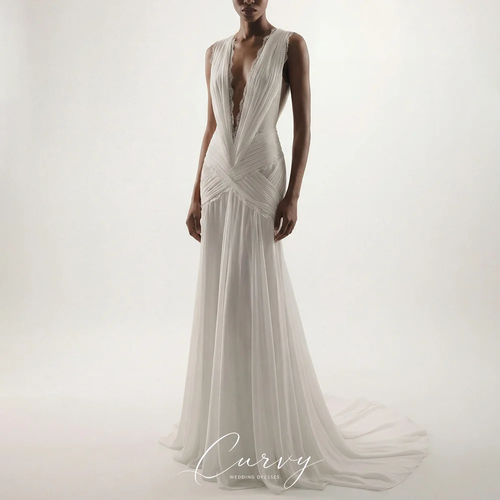 Curvy Timeless Classic White Evening Dresses for Women Chiffon Deep V Lace Trim Ruched Bodice  Formal Bridal Gown Customized