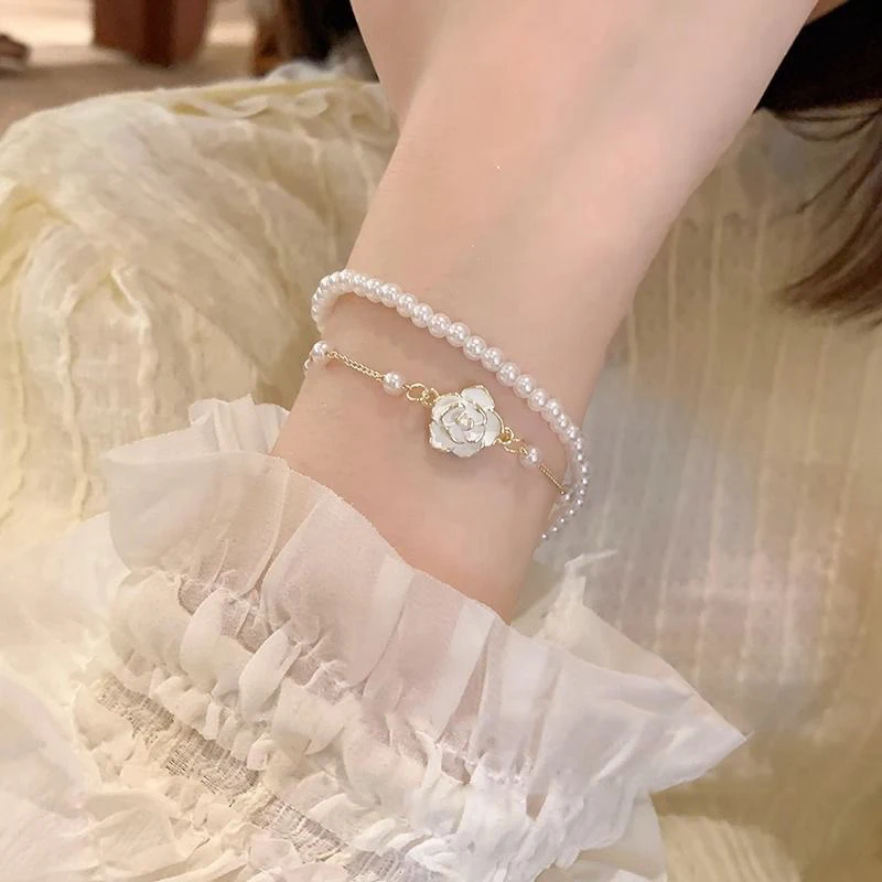 Elegant Delicate Camellia Pearl Double Layer Bracelet For Women Girls Fashion Trend Light Luxury Bracelet Jewelry Party Gifts