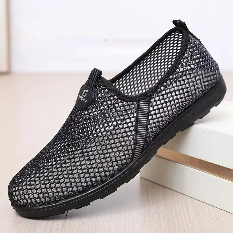 

Men Summer New Mesh Hollow Out Flat sole shoes Soft Sole Lightweight Breathable Round Toe Slip On Middle Aged And Elderly Shoes