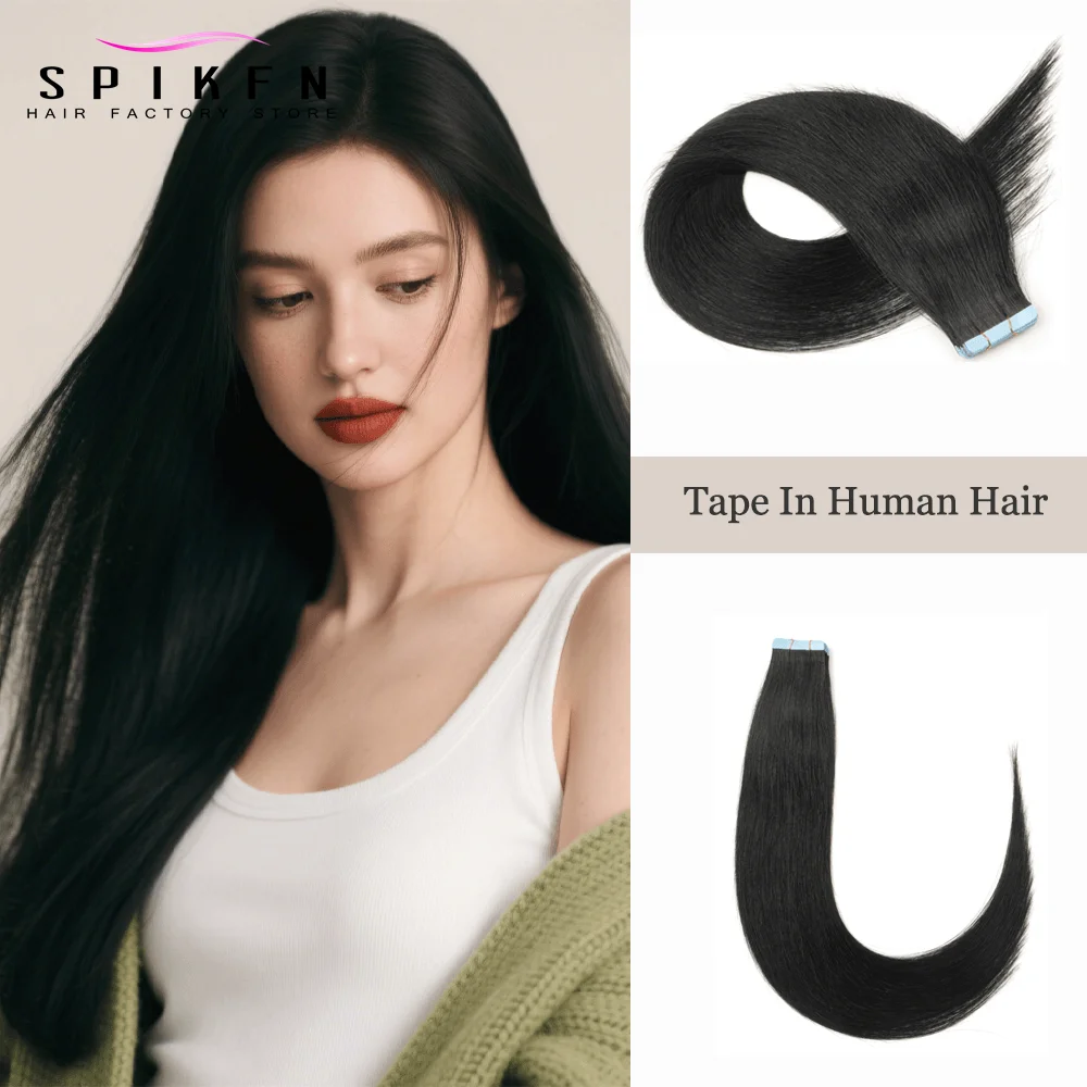 

Jet/Natural Black Color Human Hair Tape In Extensions Light Weight Natural Straight Seamless PU Skin Weft Hair 10pcs For Women