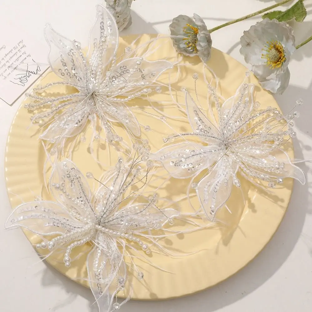 

Feather Pearl 3D Organza Flower Patch Twisted Wire Crystal Flower Studded Patch Hand-made Lace Applique Decorative