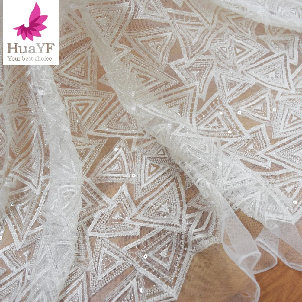 1 Yard Ivory Bridal Sequin Embroidery Beaded Tulle French Handmade Wedding Dress Lace Fabric Material HY0346