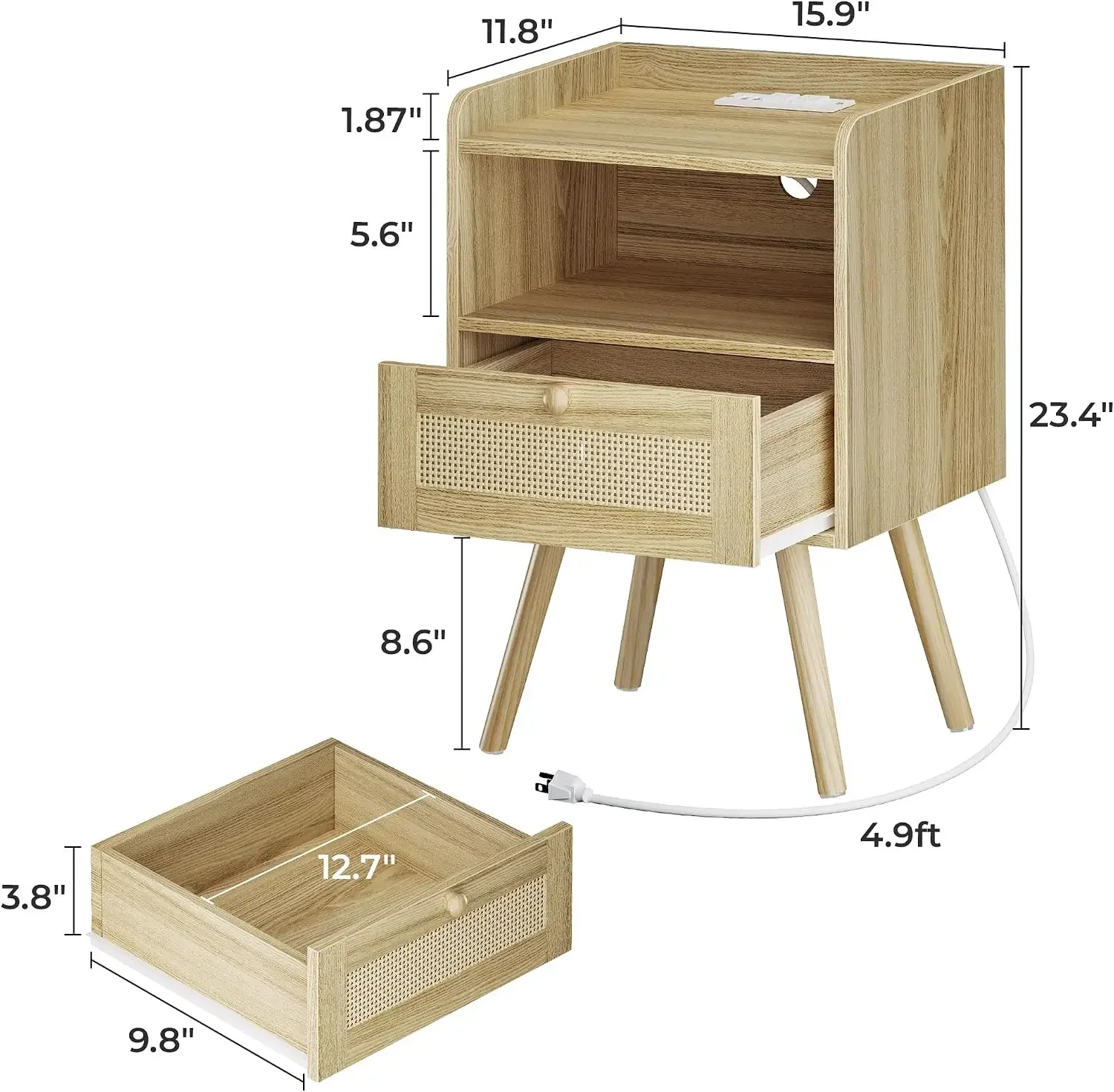Nightstands Set of 2, Night Stands with Charging Station, Natural | Bed Side Tables with PE Rattan Decor Drawer & Solid Wood Fee