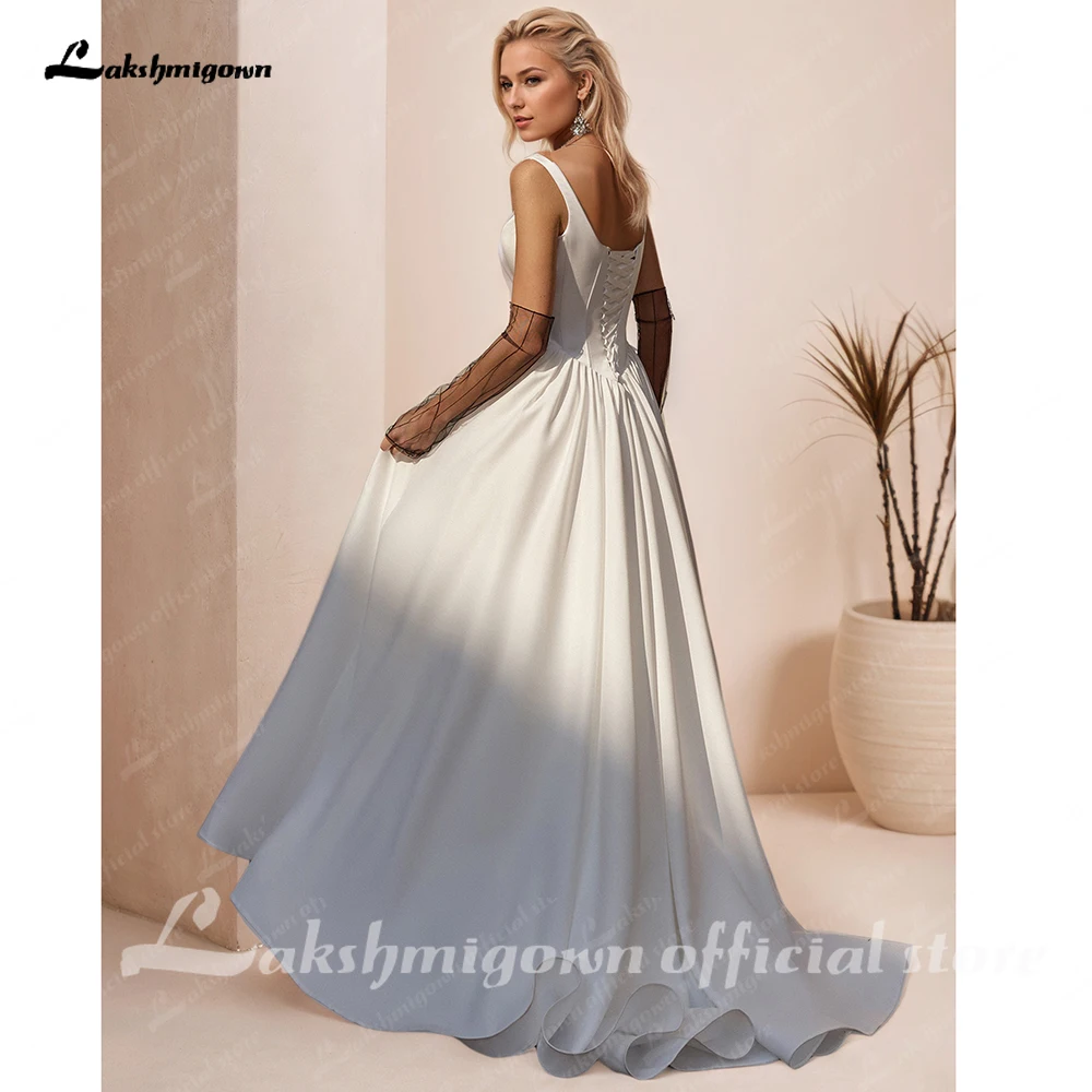 Lakshmigown Satin-Hochzeitskleid mit eckigem Ausschnitt und Taschen, neues schlichtes Korsett-Brautkleid, individuell anpassbar. – Detail 6