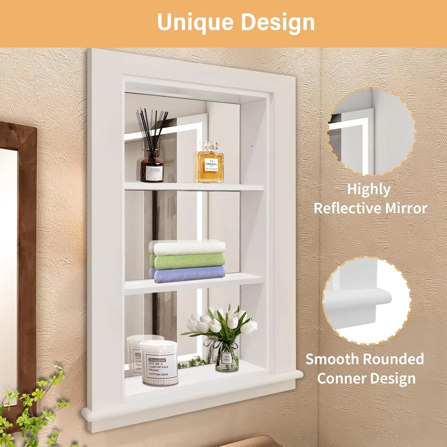 14 x 24 Recessed Medicine Cabinet, White Bathroom Wall Cabinet, 3-Tier Wall Niche with Mirror, for Bathroom Storage