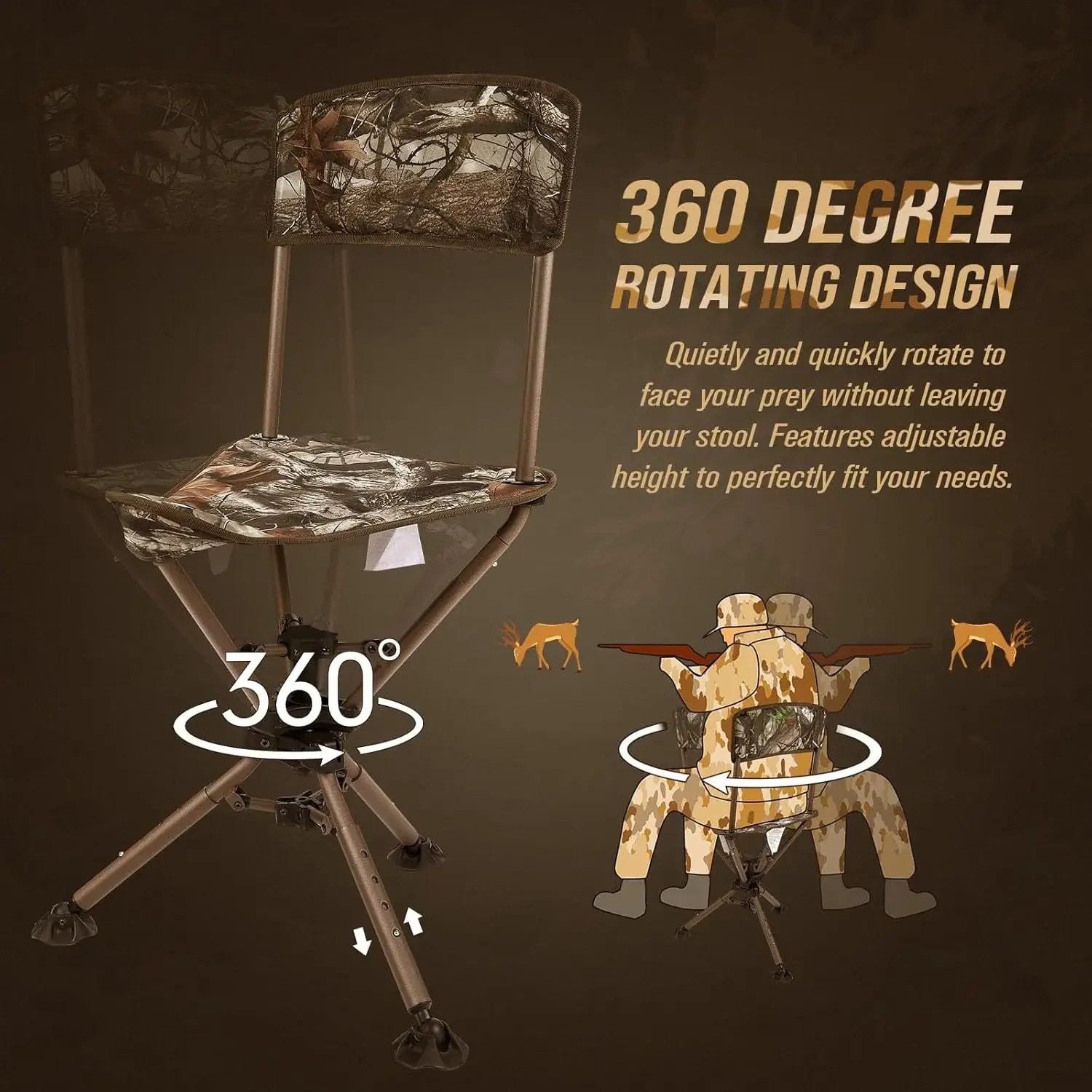 360 Degree Tripod Swivel Hunting Chair, Folding Camo Blind Chair with Backrest, Height Adjustable for Hunting Fishing Camping