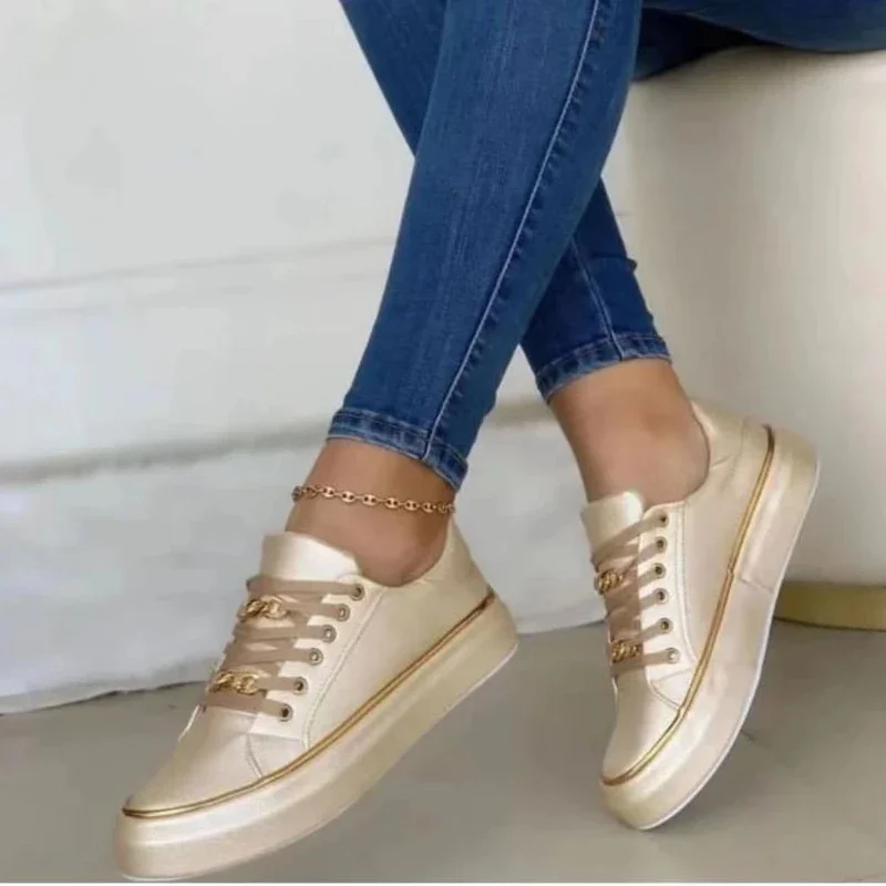 Sapatos vulcanizados com cadarço redondo para mulheres, sapatilhas de couro elegantes e planas, sapato casual confortável, tênis leve