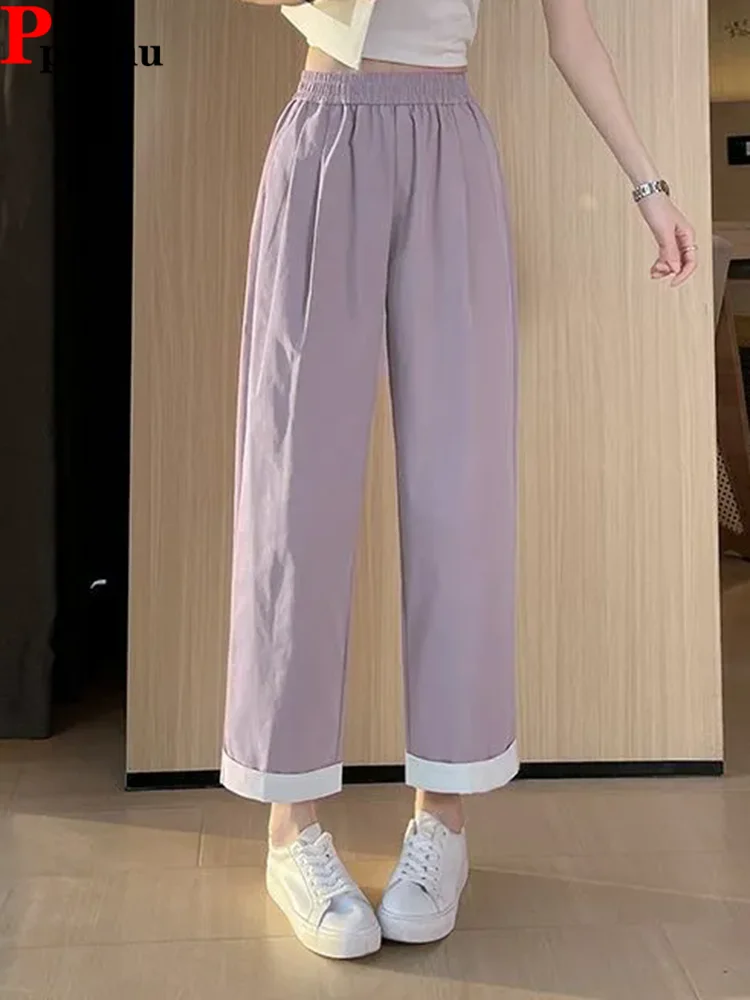 

Женские повседневные прямые брюки с манжетами, корейские модные эластичные шаровары с высокой талией, летние тонкие классические брюки до щиколотки