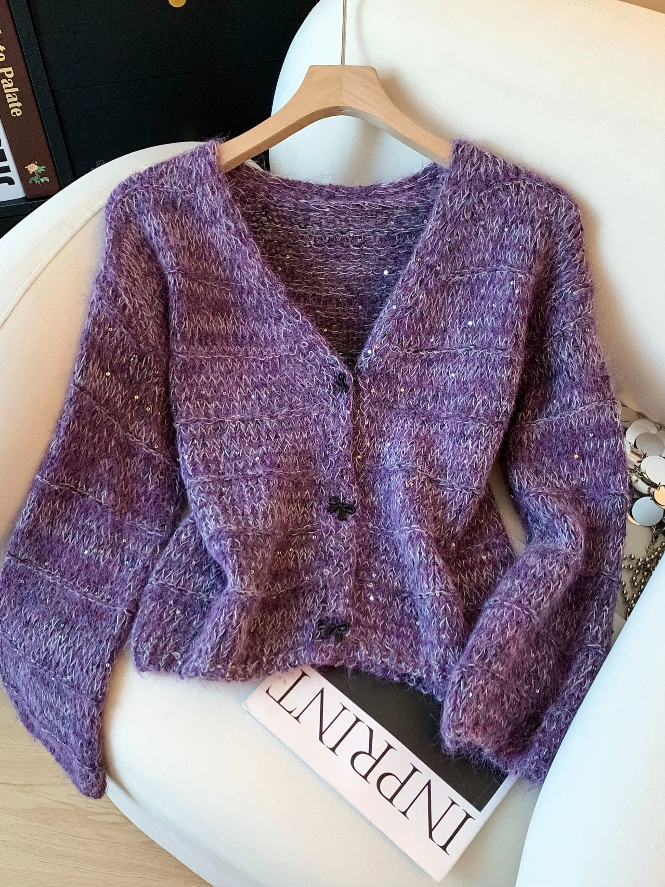 Ele Sequin V-Ne Open Cardigan Women's Early Autumn Aosphere Korean Sle Knitted Outerwear Slim Fit Long Sve