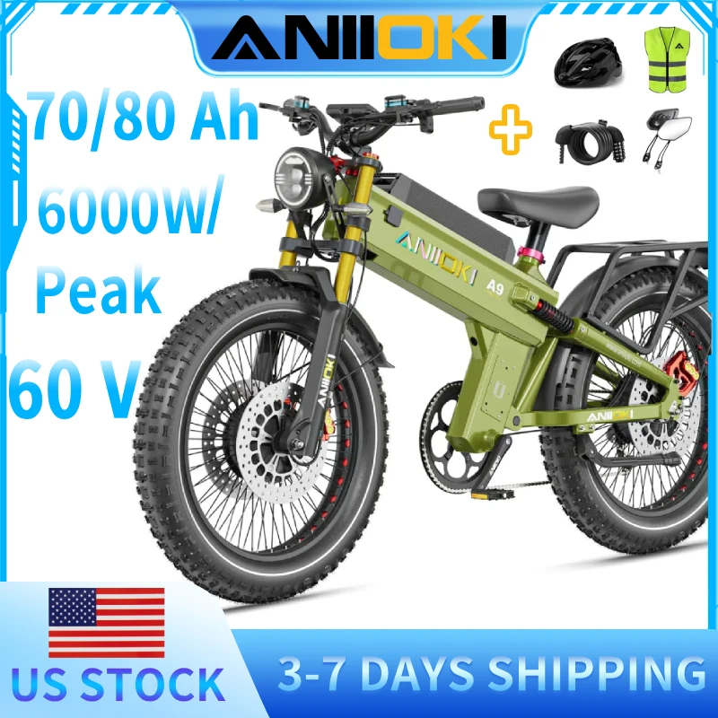 

Electric Bike 6000W Dual Motor 60v 70Ah 80Ah 47mph Fat Tires 26"*4.8" Suspension Air Fork EBike A9 Pro Max AWD Electric Bicycle