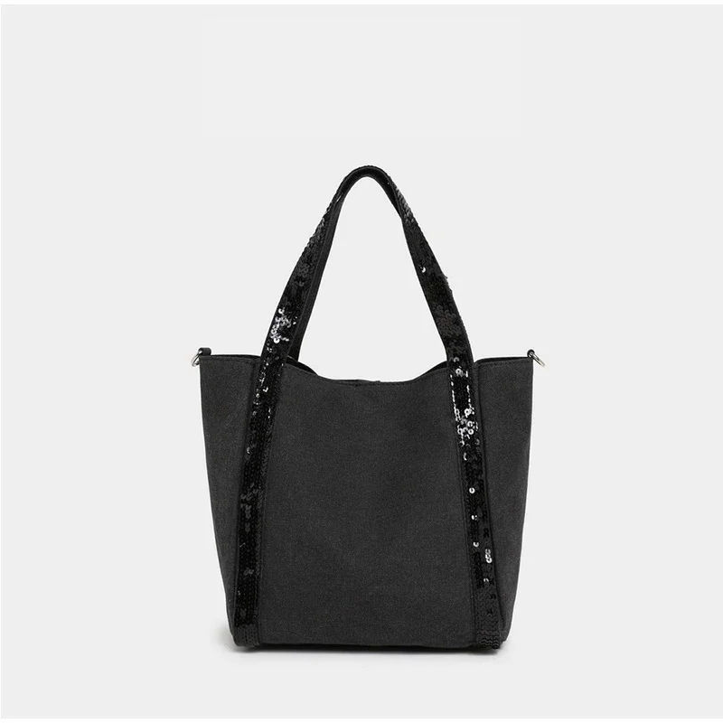 Pailletten-Canvas-Einkaufstasche mit Reißverschluss, große Kapazität, Vintage-Kontrastfarbe, Damen-Umhängetasche, Designer-Pendler-Alltagshandtasche, Schwarz – Detail 22