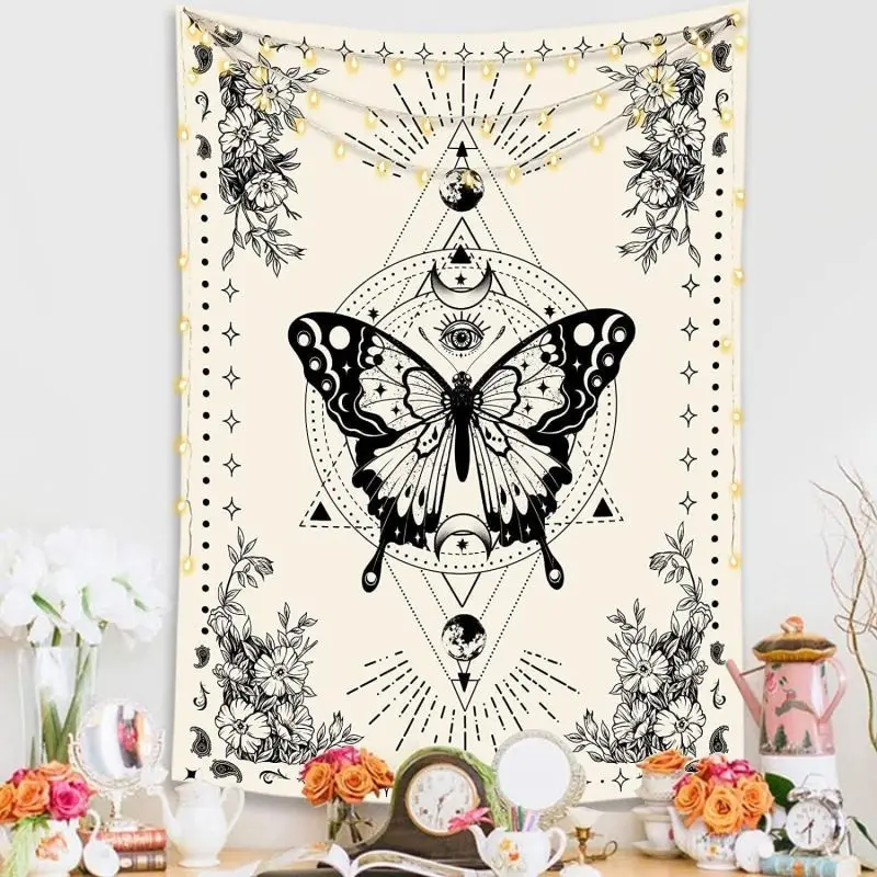 VIKAMA Moon Moth Tapestry Dark Green Botanical Mushroom Tree of Life Crescent Moon Wall Hanging Mystical Wall Art Dorm