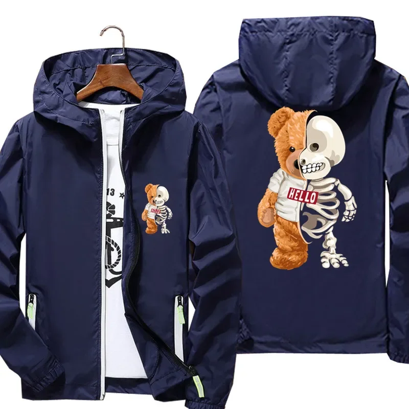 2026 Men's Skull Teddy Bear Skeleton Bear Sportswear Hooded Bomber Zipper Thin Reflective Sunscreen Windbreaker Jacket Clothing