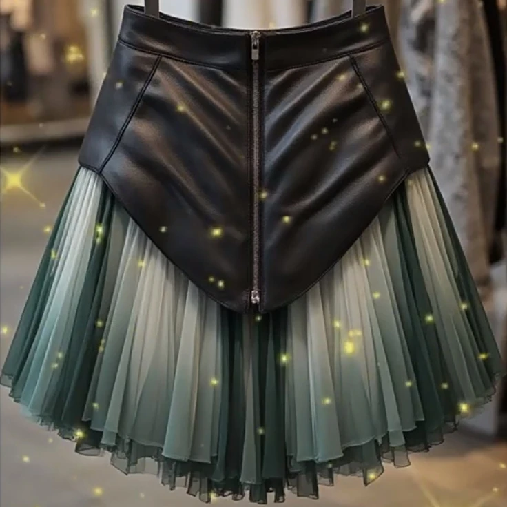 

New Ombre Leather Pleated Skirt Retro Green A-Line Mini New High Waist Asymmetric Design