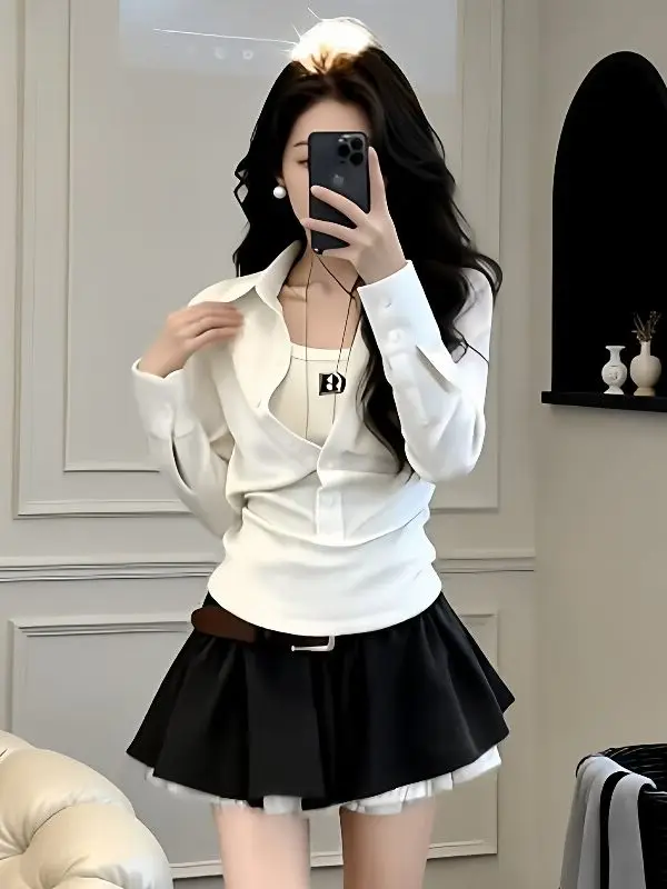 

Spring 2026 Women's Slim Fit Shirt And Puffy Skirt Two-Piece Set Long Sleeve Turn-down Collar Fake Two-Piece Ensemble