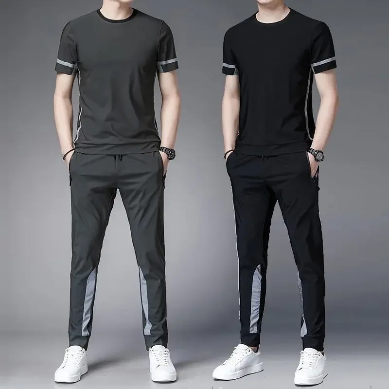 Tracksuit Sportswear Pants Sets Grey Men\'s Clothing Jogging T Shirt Man No Logo Sports Suits Fashion Top Summer Regular Fit Slim