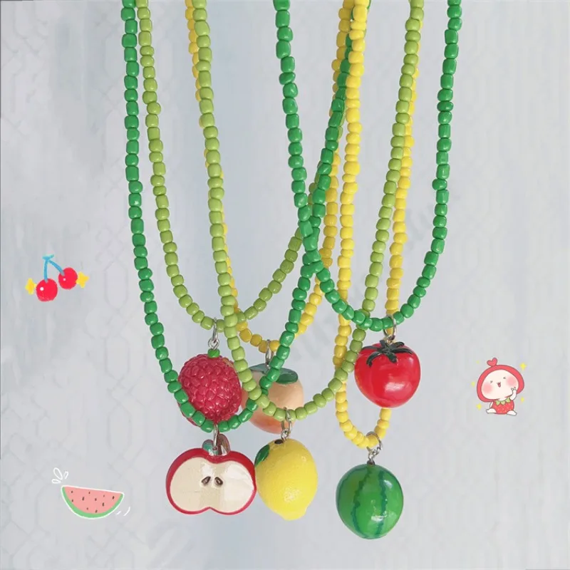 Summer Cute Watermelon Lemon Peach Apple Strawberry Lychee Tomato Resin Beads Pendant Necklace for Women Charm Party Jewelry