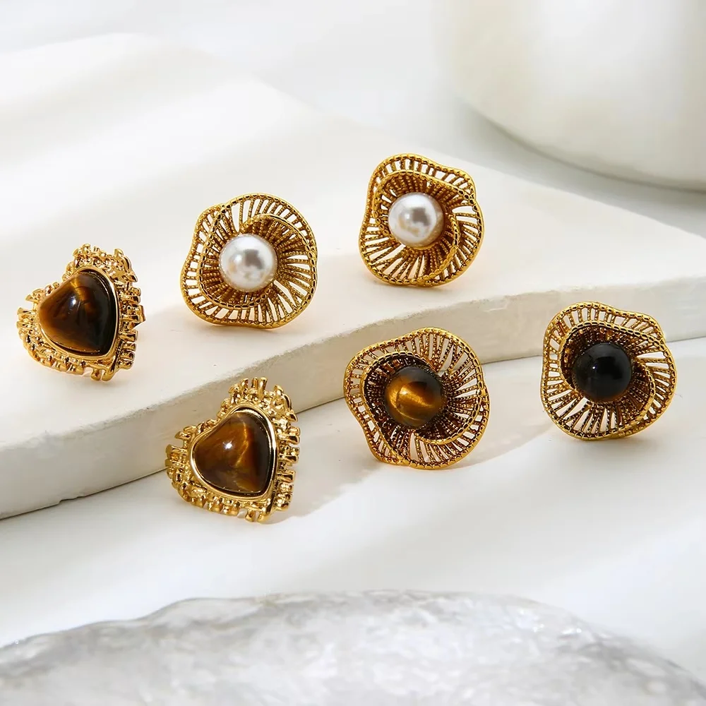 

New Creative Design Fashion Geometric Hollow Out Heart Tiger Eye Stone Stud Earrings Gold Plated Stainless Steel Pearl Earrings