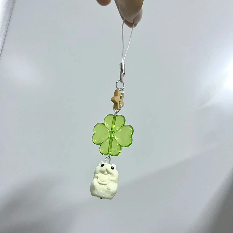 1Pc Green Lucky Four Leaf Clover Flying Marmot Hamster Keychain Lucky Clover Phone Lanyard Pendant Keyring Accessories Gifts