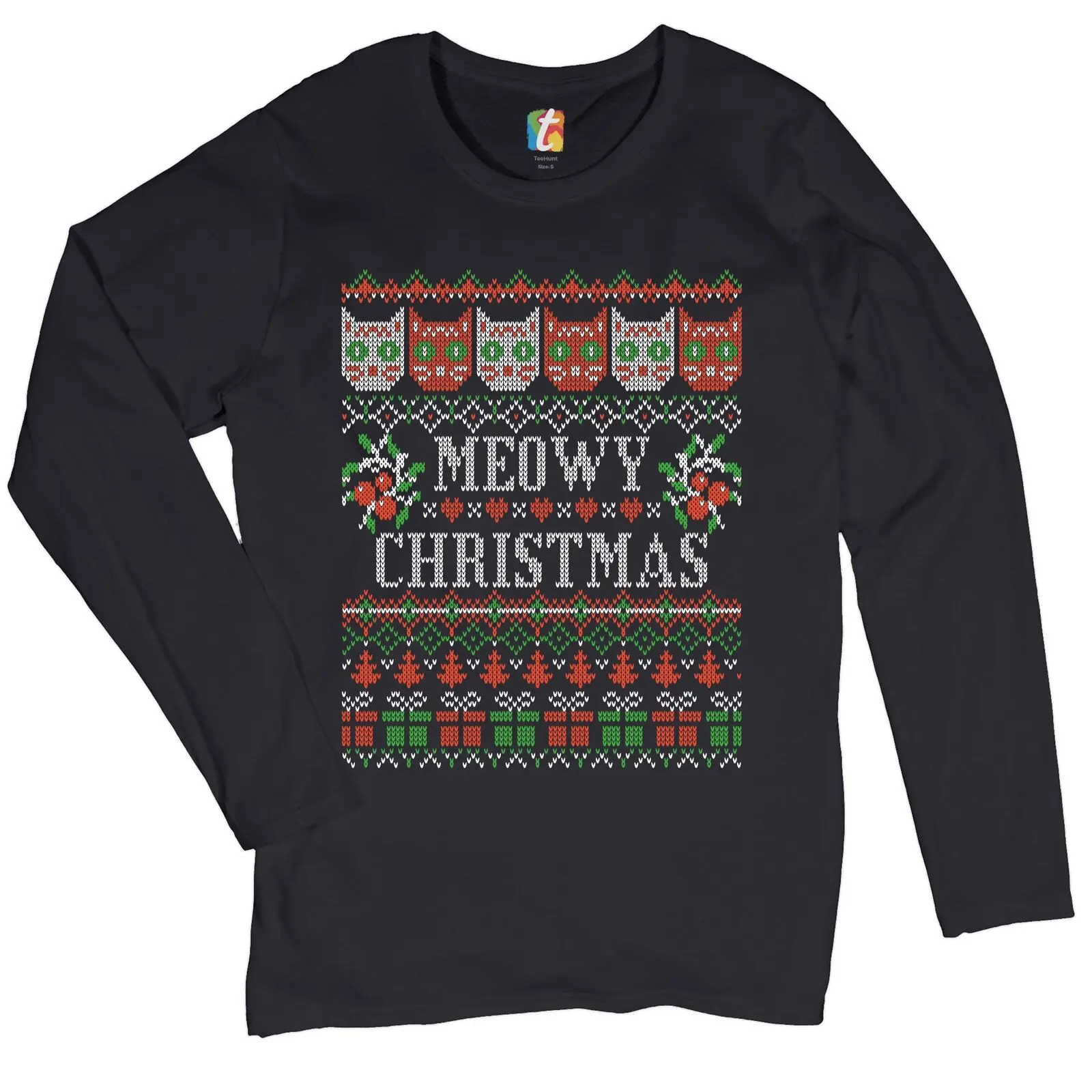 

Meowy Christmas Women's Long Sleeve T-shirt Ugly Sweater Cat Lover Funny Xmas