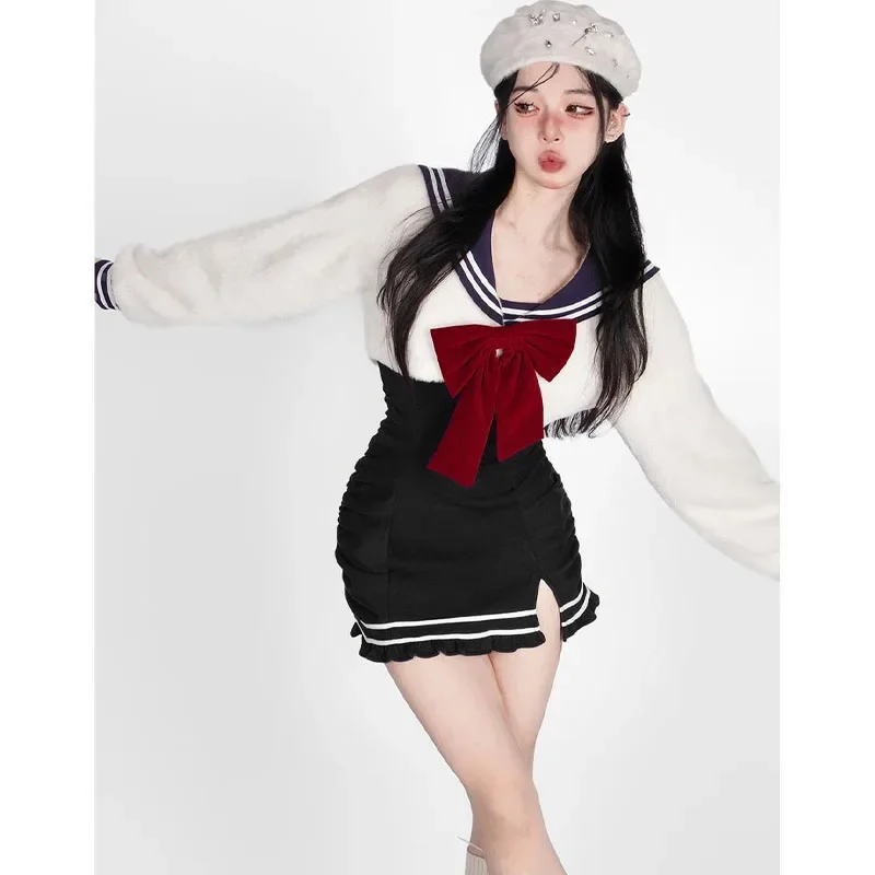 2025 خريف جديد Y2k لطيف مجموعة سترة فستان البدلة Preppy البحرية طوق القوس بأكمام طويلة البلوز الأسود تريكو فستان النساء الملابس #4