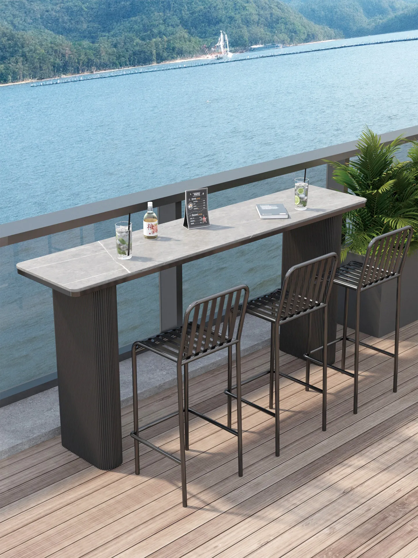 & Outdoor Courtyard Patio Light Luxury Multifunctional Porcelain-slab bar Table Casual Balcony Wall-side Long Narrow Caf Table