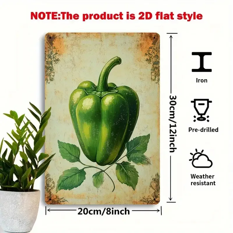 2D Flat Design, 1pc of Retro Green Chili Pepper And Bell Metal Wall Decoration Sign - Realistic Chili Pepper And Leaf Distressed