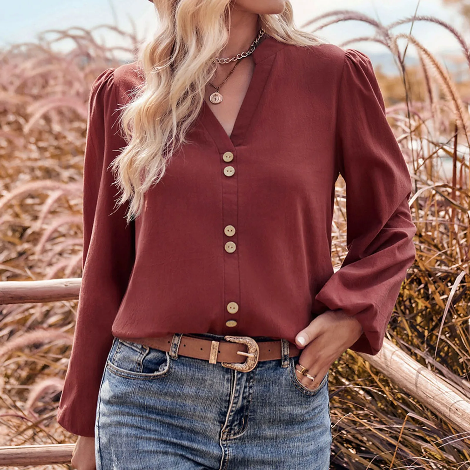 

Women's Solid Color Long Sleeved V Neck Shirts Blouse Fashionable Loose Button Decoration Pullover Shirt Tops For Women