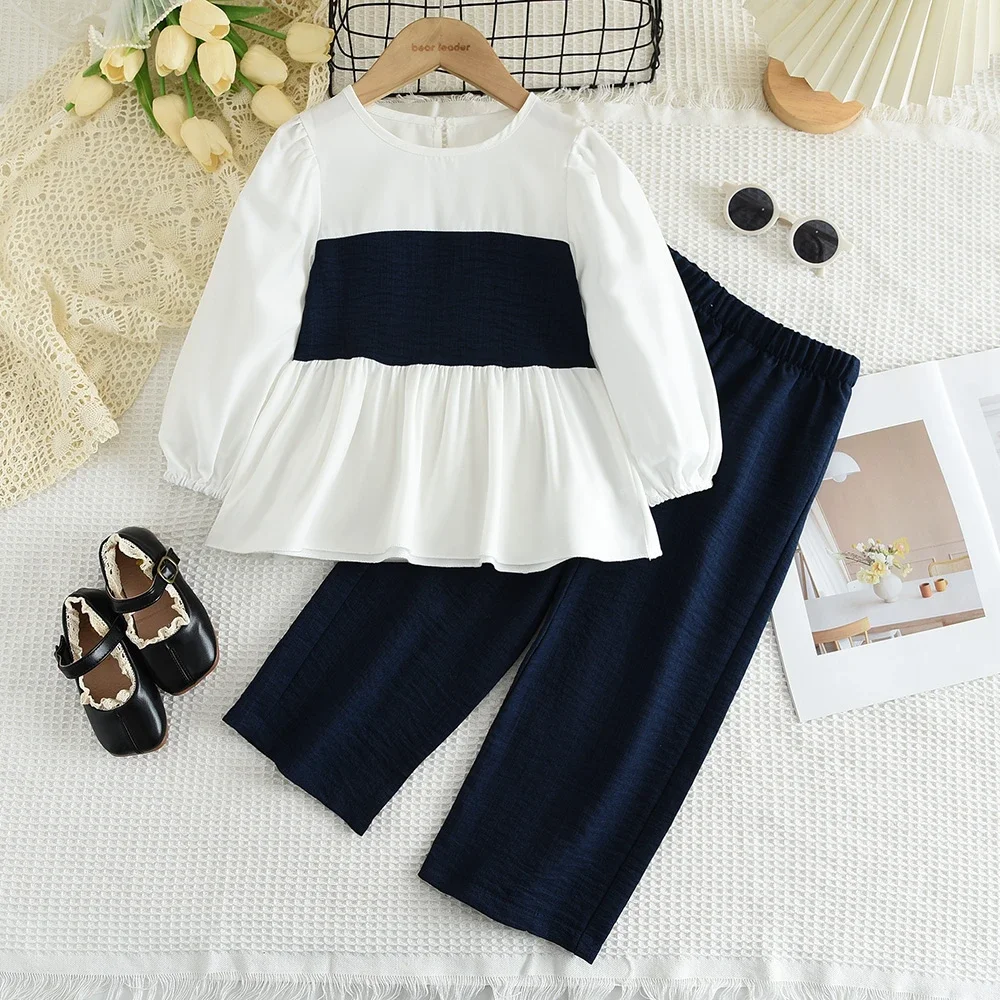 Spring and Autumn New Long Sleeve Casual Set Navy Blue Patchwork White Lotus Leaf Edge Length Sleeve Top+wide Leg Pants 2PCS