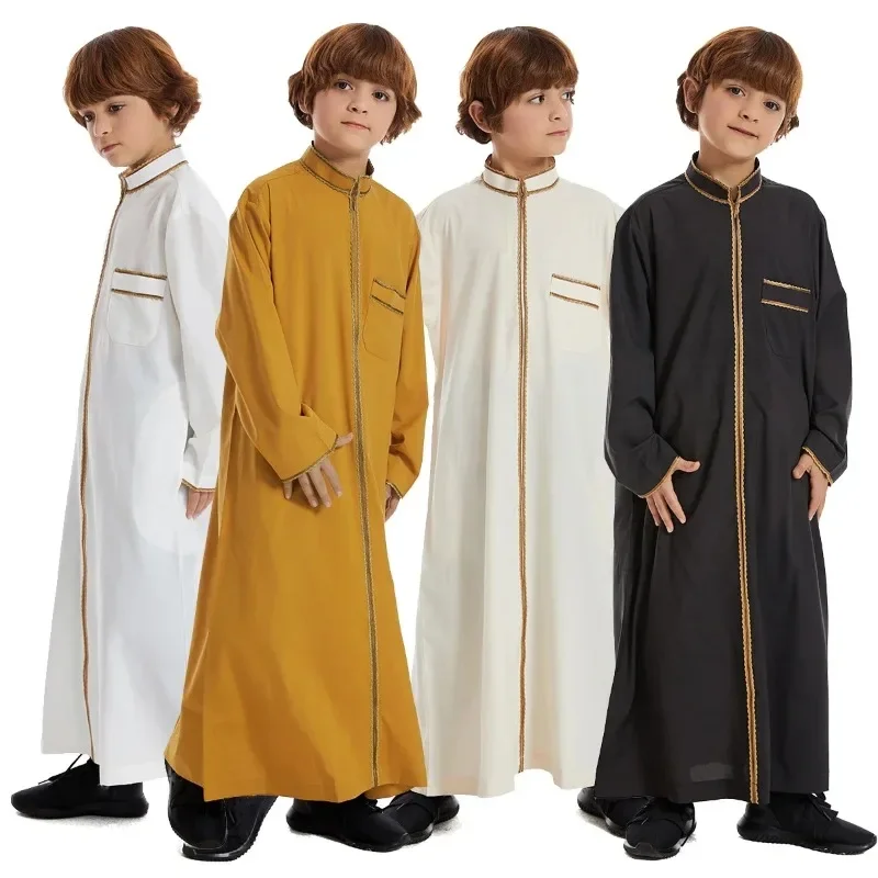 Turkish Muslim anak Abaya Jubba Thobe Kimono anak laki-laki Thobe gambis Kaftan untuk anak-anak Islam Lebaran pakaian jubah panjang gaun Dubai Saudi