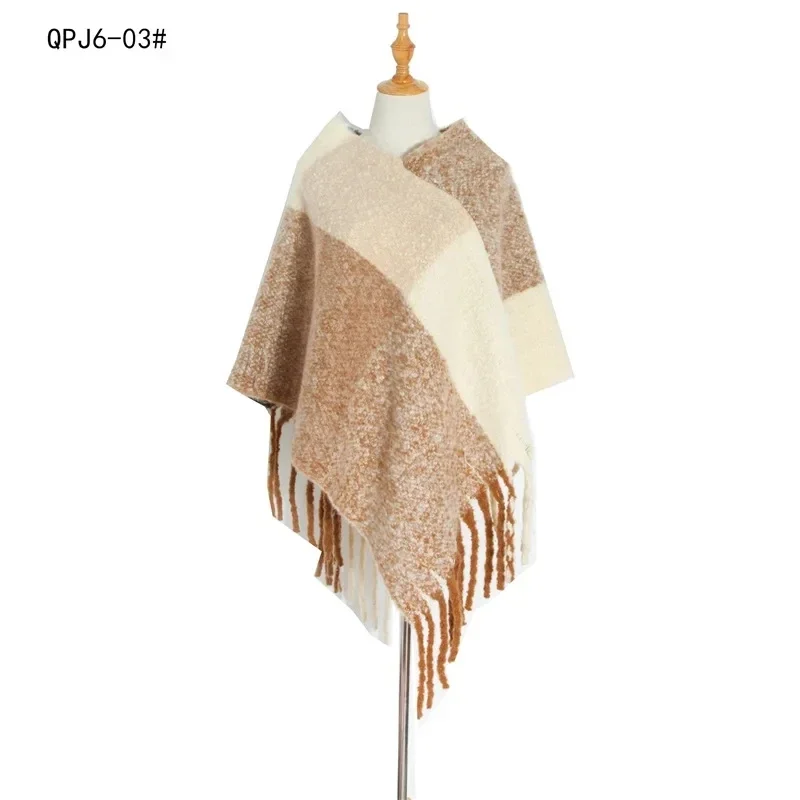 Europe United States 2024 new Autumn Winter Women's Shawl Coarse Tassel Loop Yarn Large Lattice Warm Capes Lady Ponchos