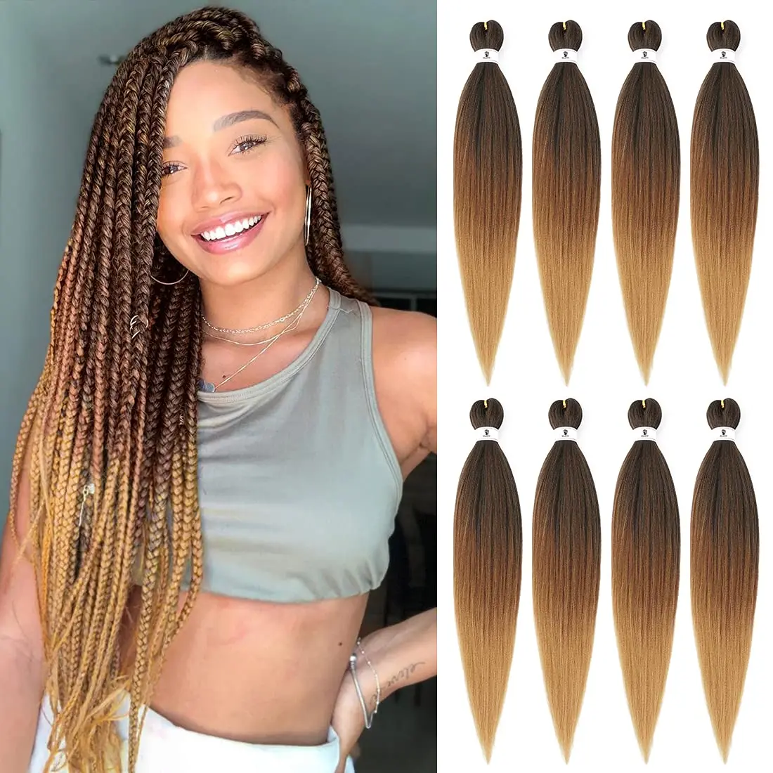 Refined Hair Pre stretched EZ Braid Synthetic Ombre Brown Light Brown Braids Extensions Senegal Twist Yaki Straight Crochet Hair