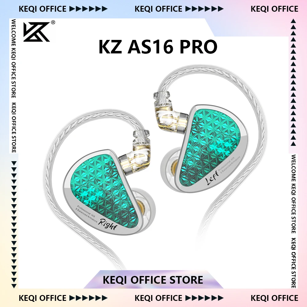 KZ AS16 Pro Wired Earphones 16BA Balanced Armature HIFI Bass Monitor in Ear Headphones Noise Cancelling Sport Headset Customized