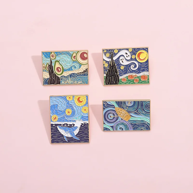 Kreatywny artystyczny obraz broszka emaliowana obraz olejny słonecznik kreskówka gwiaździste niebo czarny kot metalowa plakietka Punk obraz przypinka prezent