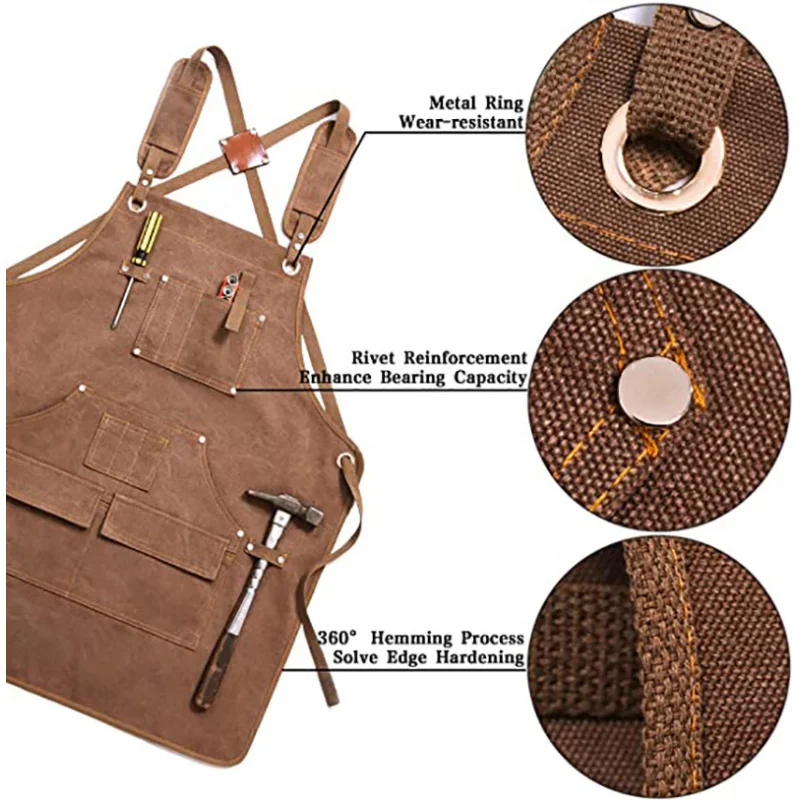 Unisex Durable Canvas Work Apron with Multi-Pockets, Heavy Duty Adjustable Cross-Back Apron for Woodworking, Gardening &Workshop