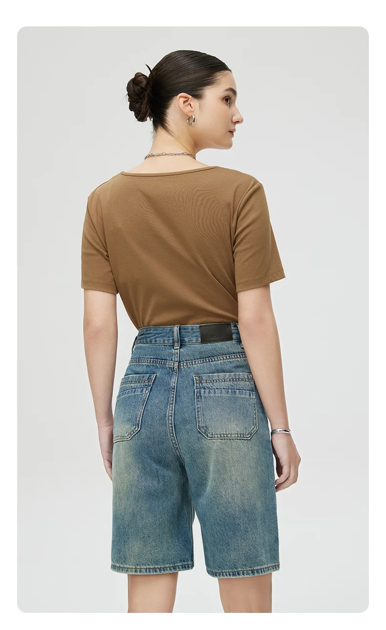 Vintage five-point denim shorts Spring/summer new loose slim wide leg mid-length pants women's five-point mid-length pants