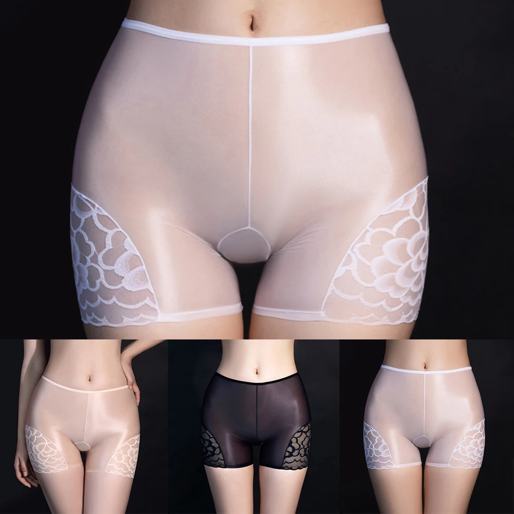 Sexy Women\'s Oil Sheer Transparent Lace Flower Silky Smooth Safety Short Pants Female Underwear Panties Shorts