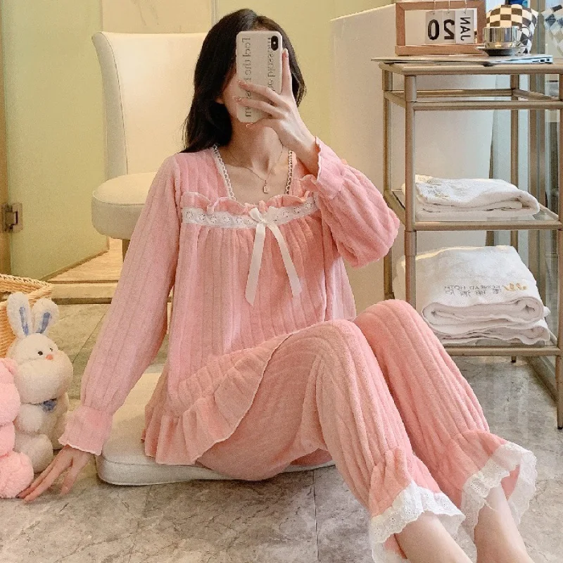 Flannel Women\'s Pajamas Sets Autumn Winter Sleepwear Bow Solid Velvet Pyjama Ladies Lace Pijama Mujer 2 Piece Pjs Warm Homewear