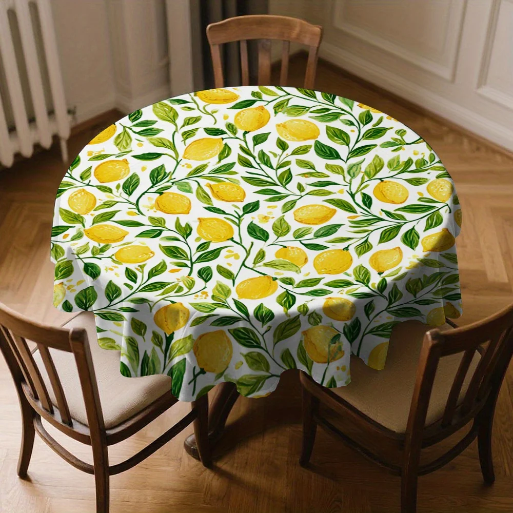 1 Lemon Leaf Design Round Tablecloth - Vivid Design, Round Polyester Fabric