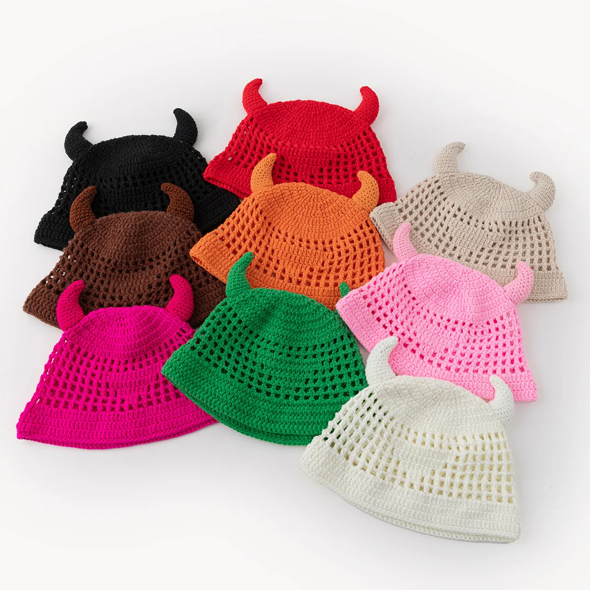 Unisex einfarbige Frühlings-Strickmütze mit umgekehrtem Dreieck und ausgehöhltem, handgefertigtem Häkel-Eimerhut und Fischer-Mesh-Beckenhut