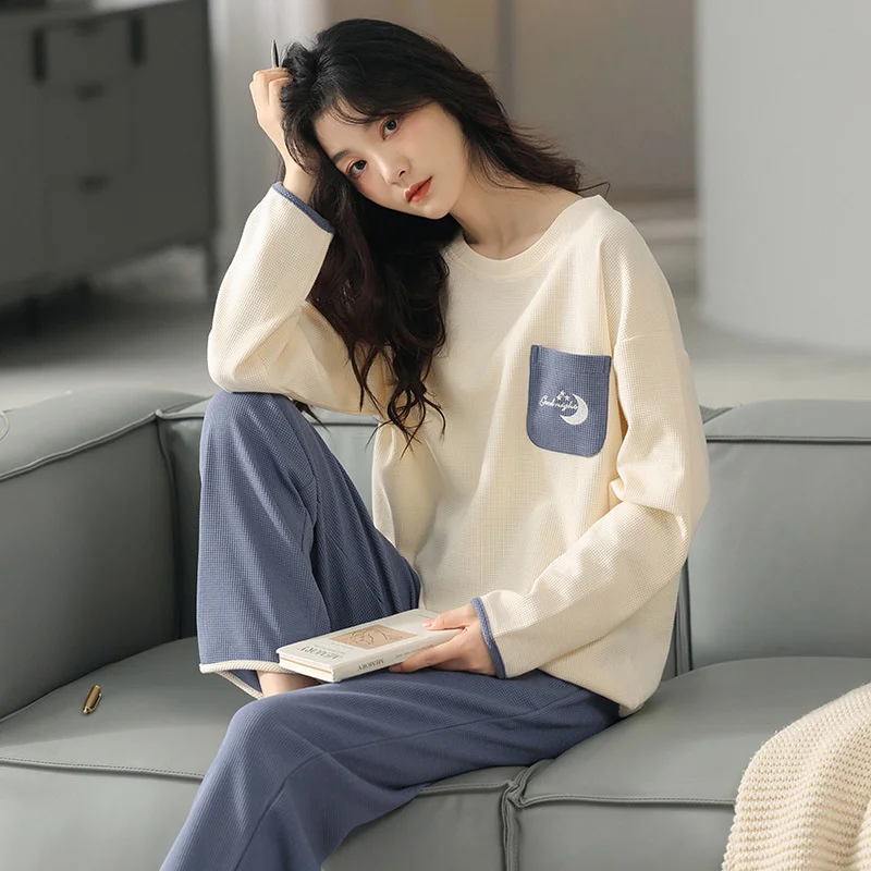 Autumn New Style Pajamas Women\'s Home Wear Round Neck Loose Casual Style 100% Cotton Two-piece Suit Lapel Cotton Suit Pyjamas