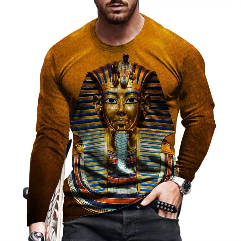 Egyptian Hieroglyphs Pattern T Shirt For Men Vintage 3D Printed Tees Summer Casual Long Sleeves Loose T-Shirts Round Neck Tops